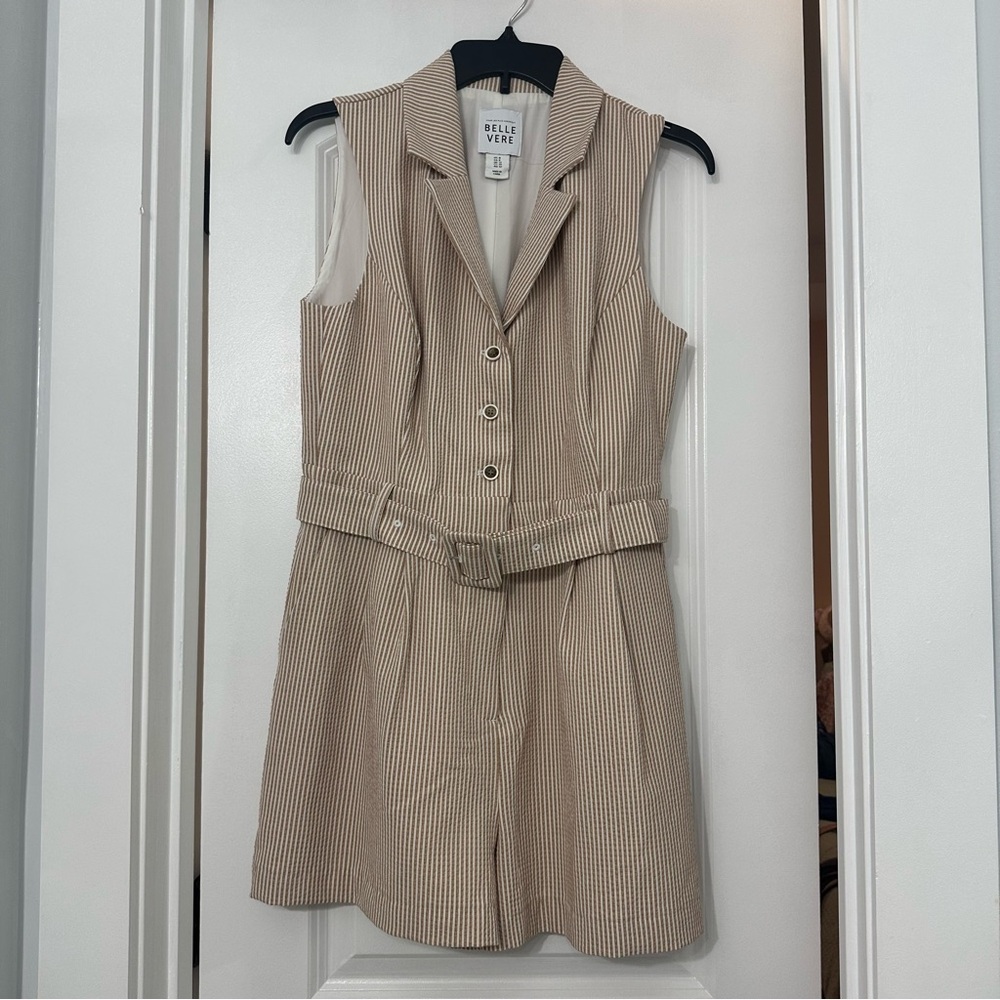 Belle vere beige pinstripe blazer style belt button up sleeveless romper